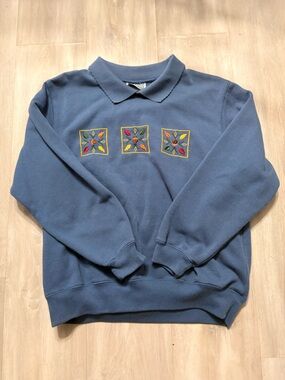 Blue Crewneck Sweater with Embroidered Floral Squares